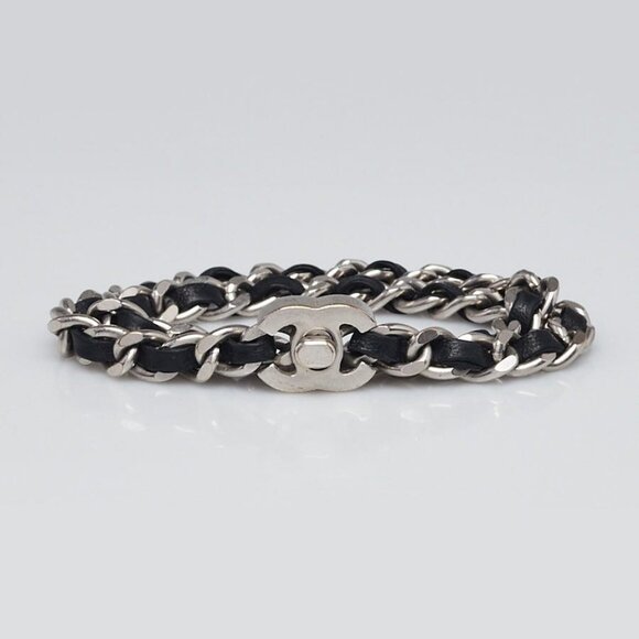 Chanel Silver Metal Leather Entwined Chain CC Turnlock Double Wrap Bracelet - Picture 1 of 5